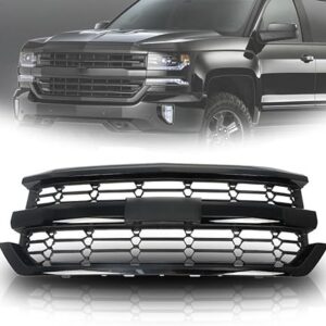 Front Bumper Upper Grille Grill Compatible with Chevrolet Silverado 1500 2016-2018 (Black)