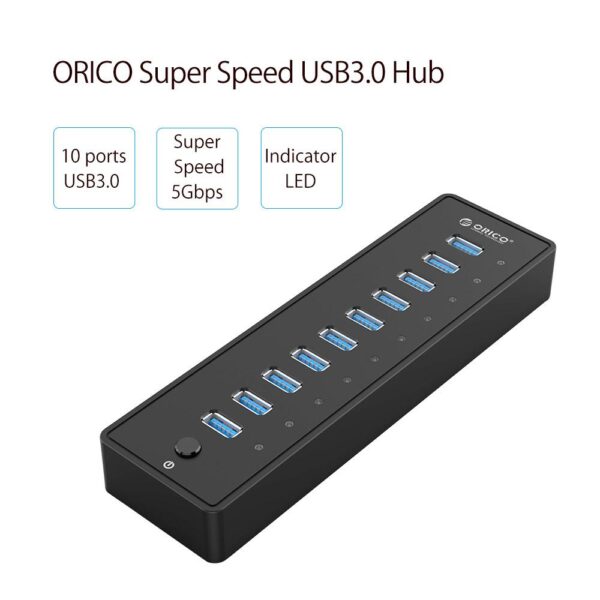ORICO USB HUB3.0 External 10 Port USB Splitter with VL812 12V3A EU/UK Power Adapter - Image 3