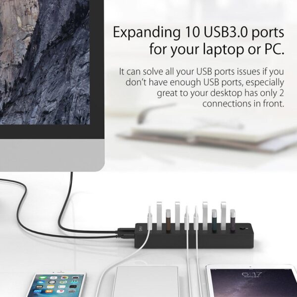 ORICO USB HUB3.0 External 10 Port USB Splitter with VL812 12V3A EU/UK Power Adapter - Image 4